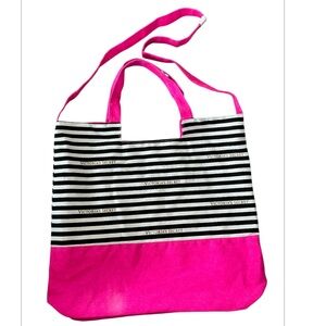 VICTORIAS SECRET Hot Pink and Black Striped Canvas Tote Bag New